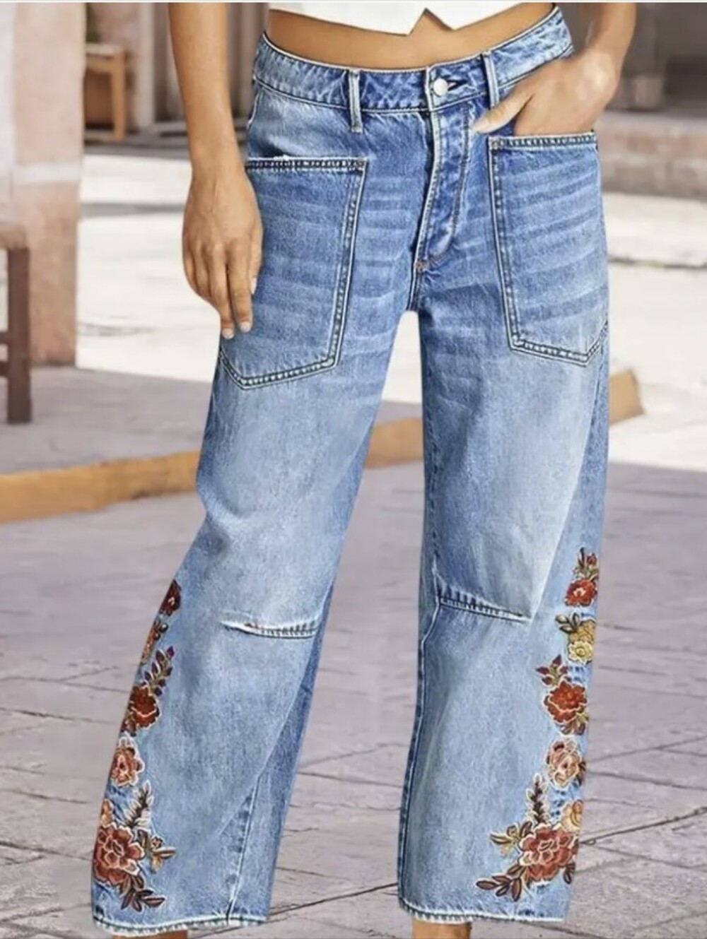 Flamingals Barrel Leg Crop Jeans- Floral Side Stitch Embroidered Jeans- Size M - Picture 4 of 13